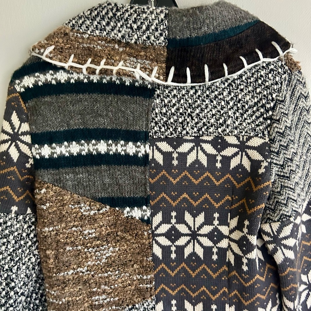 KESSLEY Patchwork Fair Isle Sweater Coat Boho Art Wear Nordic Lagenlook Sz Small - Picture 11 of 16